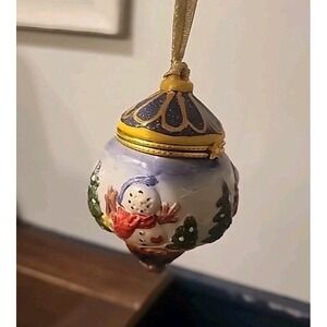 Vintag Hand Painted Porcelain Hinged Trinket Box Christmas Ornament Snowman 3.5"